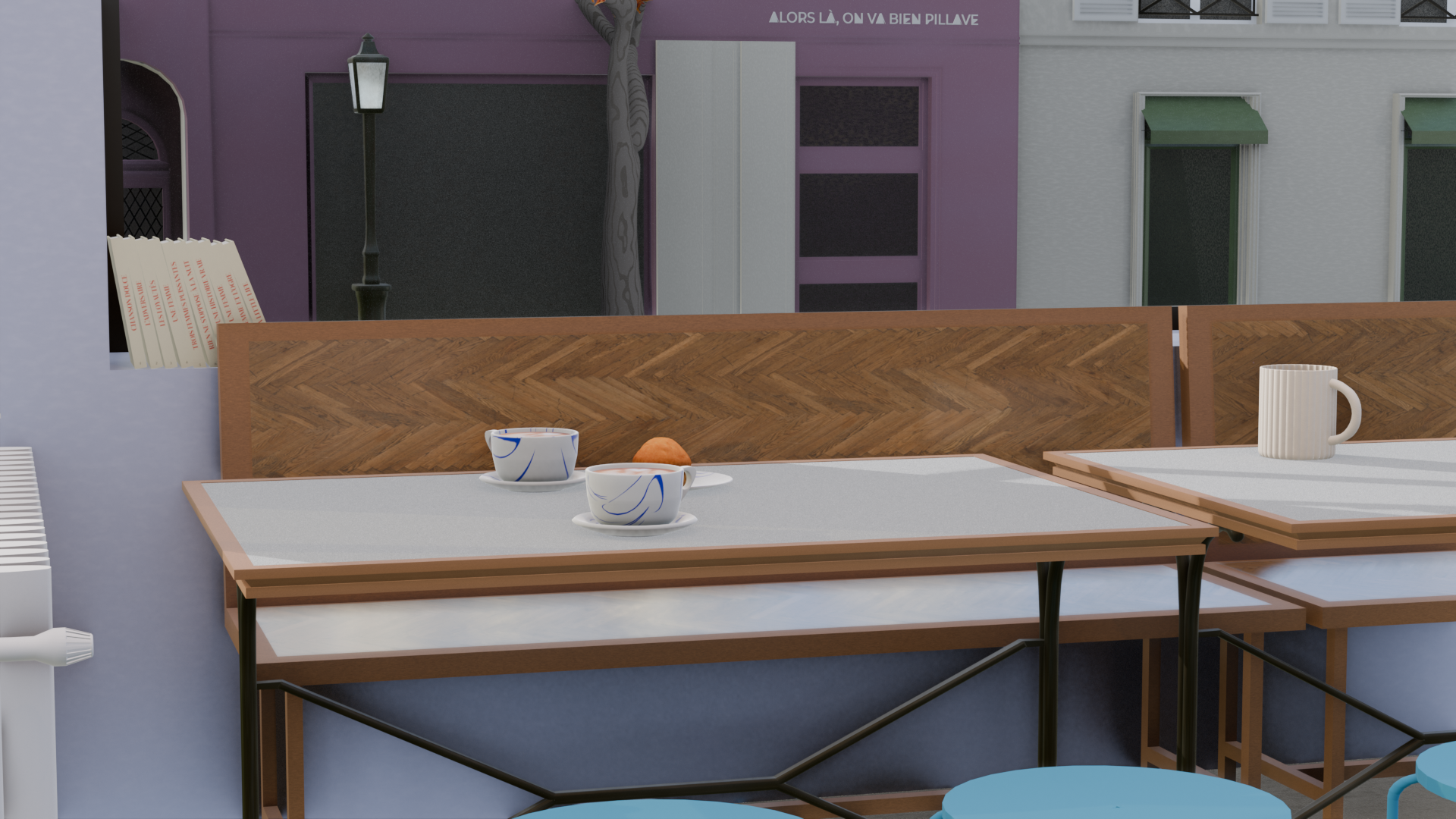 Café wooden table and cups